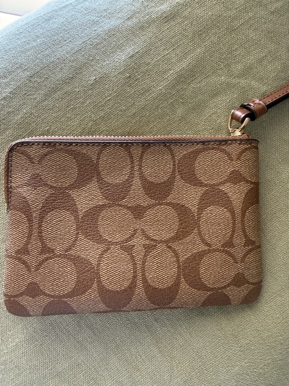 Coach Brown Signature Canvas Wristlet with Leather Trim Zipper - Picture 3 of 5